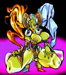 breasts cameltoe colored_skin covered_erect_nipples green_skin highres large_breasts monster_girl nintendo pointy_ears squatting the_legend_of_zelda the_legend_of_zelda:_ocarina_of_time twinrova