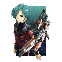 1990s_(style) 1girl 2023 aqua_eyes aqua_hair battroid beam_rifle commentary dated energy_cannon energy_gun english_commentary gunpod jeff_sorley komillia_maria_jenius laser_cannon looking_at_viewer macross macross_2036 mecha military military_uniform pc_engine retro_artstyle robot roundel science_fiction signature space star_(symbol) star_symbol_background thrusters traditional_media u.n._spacy vf-1 vf-1s vf-1sr weapon