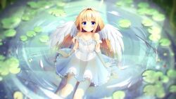 1girl angel angel_wings blonde_hair blue_eyes closed_mouth collarbone dress feathered_wings feet_out_of_frame frilled_dress frills from_above hair_intakes halo highres hiragana_iroiro lake light_frown lily_pad long_hair looking_at_viewer original outdoors sidelocks sitting solo sundress traditional_halo very_long_hair water white_dress wings yellow_halo