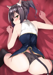 1girl animal_ear_fluff animal_ears ass bare_arms bare_shoulders bed_sheet black_hair black_panties black_thighhighs blush cat_ears cat_girl cat_tail commentary_request from_above from_behind green_eyes hand_up highres karyl_(princess_connect!) looking_at_viewer looking_back lying multicolored_hair muoto no_pants on_stomach panties princess_connect! short_hair sleeveless solo spread_legs streaked_hair sweatdrop tail thighhighs underwear white_hair