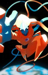 absurdres black_eyes colored_skin deoxys deoxys_(normal) earth_(planet) gen_3_pokemon highres hollow_eyes looking_at_viewer mythical_pokemon nintendo no_humans outstretched_arm planet pokemon pokemon_(creature) pokemon_focus red_skin solo space tentacles zeroartwo