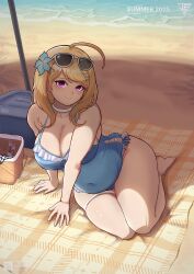 1girl ahoge akamatsu_kaede arm_support artist_logo artist_name beach belly blonde_hair blue_flower blue_one-piece_swimsuit blush breasts casual_one-piece_swimsuit choker cleavage cooler covered_navel danganronpa_(series) danganronpa_v3:_killing_harmony eyewear_on_head flower fortissimo hair_flower hair_ornament highres large_breasts light_smile logo long_hair looking_at_viewer musical_note musical_note_hair_ornament ocean one-piece_swimsuit picnic_basket picnic_blanket plump purple_eyes raised_eyebrows self-upload shade skindentation smile solo soshu_(soshuscribbles) sunglasses swimsuit thick_thighs thigh_strap thighs two-tone_swimsuit white_choker