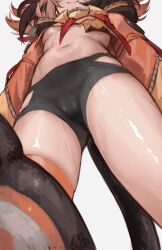Rule 34 | 1girl, absurdres, bike shorts, black hair, black shorts, black tail, blush, breasts, brown hair, closed mouth, commentary, from below, gigi murin, gigi murin (1st costume), highres, hip vent, hololive, hololive english, long sleeves, multicolored hair, naokomama, navel, orange shrug, puffy long sleeves, puffy sleeves, shorts, simple background, small breasts, smile, solo, standing, stomach, streaked hair, thighs, underboob, virtual youtuber, white background