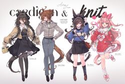 4girls agnes_digital_(umamusume) agnes_tachyon_(umamusume) ahoge alternate_costume alternate_hairstyle animal_ears badge bag belt black_dress black_footwear black_hair black_hat black_pantyhose black_skirt black_socks blue_eyes blue_sweater blush bow braid breasts brown_footwear brown_hair button_badge character_doll character_name collared_shirt dress glowstick grey_jacket hair_bow hair_over_one_eye hand_on_own_hip hat heart highres holding holding_glowstick horse_ears horse_girl horse_tail jacket long_hair long_sleeves looking_at_viewer loose_socks manhattan_cafe_(umamusume) multiple_girls neck_ribbon open_mouth pantyhose parted_lips petticoat pink_hair ponytail purple_eyes red_eyes red_sweater ribbon rice_shower_(umamusume) shirt shoes short_hair short_ponytail shorts shoulder_bag skirt sleeves_past_wrists small_breasts smile sneakers socks standing standing_on_one_leg sweater tail turtleneck twin_braids two_side_up umamusume welchino white_footwear white_shirt white_shorts white_socks yellow_eyes