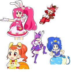 Rule 34 | 5girls, :3, absurdres, androgynous, animal ear fluff, animal ears, animal shoes, anime coloring, anklet, arisugawa himari, arm up, arms behind head, ascot, bare shoulders, between legs, big hair, blue bow, blue choker, blue eyes, blue gloves, blue hair, blue jacket, blue skirt, blunt bangs, boots, bow, bow choker, bow skirt, bowtie, brooch, brown ascot, brown hair, brown hat, bubble skirt, buttons, cake, cat ears, cat girl, cat tail, center frills, cherry, chocolate, choker, closed mouth, collarbone, commentary request, copyright request, corset, cropped legs, cropped torso, crown, crown earrings, cure chocolat, cure custard, cure gelato, cure macaron, cure whip, detached sleeves, dog ears, dog girl, dog tail, dripping, earrings, elbow gloves, extra ears, eyelashes, floppy ears, food, food-themed clothes, food-themed hair ornament, food-themed hat ornament, food print, forehead, frilled skirt, frilled sleeves, frills, fruit, fruit print, full body, fur-trimmed boots, fur-trimmed shirt, fur trim, furrowed brow, gloves, gold crown, hair between eyes, hair ornament, hair ribbon, hairband, hands on own hips, happy, hat, hat ornament, heart, heart print, high-waist skirt, high heel boots, high heels, highres, hood, hood down, hooded jacket, ice cream, ice cream cone, jacket, jewelry, juliet sleeves, kenjou akira, kirakira precure a la mode, knee boots, kotozume yukari, lace, lace-trimmed skirt, lace trim, large tail, layered skirt, lion ears, lion girl, lion tail, long hair, long sleeves, looking at viewer, macaron, magical girl, mini crown, miniskirt, multicolored hair, multiple earrings, multiple girls, open mouth, orange eyes, outstretched arms, parody, pink bag, pink bow, pink bowtie, pink choker, pink eyes, pink hair, pink hairband, pink vest, pleated skirt, pleated sleeves, pom pom (clothes), pom pom earrings, precure, pudding, puffy short sleeves, puffy sleeves, purple boots, purple bow, purple choker, purple corset, purple eyes, purple hair, purple skirt, rabbit ears, rabbit girl, red boots, red bow, red choker, red shirt, red shorts, ribbon, senkou (shippai shoukan), shirt, short sleeves, shorts, shorts under skirt, simple background, skirt, skirt set, sleeve cuffs, sleeveless, sleeveless shirt, smile, sphere earrings, square neckline, squirrel ears, squirrel girl, squirrel tail, standing, strawberry, strawberry brooch, strawberry print, strawberry shortcake, streaked hair, stretching, style parody, surprised, swept bangs, tail, tail between legs, tareme, tategami aoi, thigh boots, thighhighs, thumbs up, top hat, tsurime, twintails, two-tone ascot, two-tone bag, two-tone hair, two-tone skirt, usami ichika, v-shaped eyebrows, vertical-striped sleeves, very long hair, vest, waist bag, waist bow, white background, white gloves, white ribbon, white shirt, white skirt, white sleeve cuffs, white sleeves, white thighhighs, wide hips, yellow ascot, yellow bag, yellow bow, yellow bowtie, yellow hairband, yellow shirt, yellow skirt