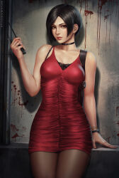 1girl absurdres ada_wong bare_shoulders black_hair blush breasts brown_eyes choker dress female_focus gloves gun highres looking_at_viewer medium_breasts pantyhose red_dress resident_evil resident_evil_2 resident_evil_2_(remake) sciamano240 short_hair simple_background solo standing weapon