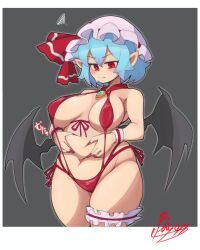 1girl absurdres bat_wings bikini black_background black_wings blue_hair closed_mouth commentary_request cowboy_shot curvy doctor5648 groin hat hat_ribbon highres looking_at_viewer mob_cap pink_hat plump pointy_ears red_bikini red_eyes red_ribbon remilia_scarlet ribbon short_hair side-tie_bikini_bottom signature simple_background solo squiggle sweat swimsuit thigh_strap touhou v-shaped_eyebrows wings
