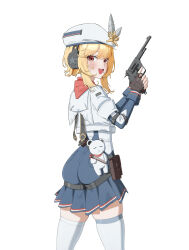 1girl ass beret blonde_hair brown_gloves cowboy_shot cropped_jacket earphones fingerless_gloves girls&#039;_frontline girls&#039;_frontline_2:_exilium gloves gun handgun hashtag-only_commentary hat hat_feather highres jacket looking_at_viewer nagant_(girls&#039;_frontline_2) nagant_m1895 nagant_revolver_(girls&#039;_frontline) open_mouth red_eyes red_scarf revolver scarf short_hair_with_long_locks simple_background skindentation smile solo stuffed_animal stuffed_toy teeth thighhighs trigger_discipline upper_teeth_only weapon white_background white_hat white_jacket white_thighhighs yamashiro_a370