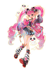 1girl black_hairband black_jacket black_leg_warmers black_shirt black_shoes black_skirt commentary_request dywx_poison full_body ghost gradient_clothes gradient_jacket hairband jacket leg_warmers long_hair looking_at_viewer miniskirt multicolored_hair one_piece open_mouth perona pink_eyes pink_hair pink_jacket shirt shoes simple_background skirt solo striped_leg_warmers two-tone_hair v very_long_hair white_background white_hair white_leg_warmers
