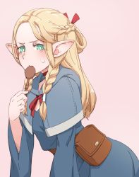 1girl blonde_hair braid dungeon_meshi elf female_focus green_eyes hair_ornament holding holding_spoon marcille_donato marushiru mochi_(mochi444420) mochi_(pixiv444420) pointy_ears pouch solo spoon