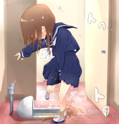 Rule 34 | 1girl, 22m, bathroom, between legs, blue sailor collar, blue shirt, blue skirt, blush, breath, brown hair, crying, door, embarrassed, female focus, from side, full body, hair over eyes, hand between legs, have to pee, highres, indoors, japanese text, long sleeves, neckerchief, nose blush, open mouth, original, outstretched arm, peeing, peeing self, pleated skirt, puddle, sailor collar, school uniform, serafuku, shirt, shoes, sideways mouth, skirt, socks, solo, squat toilet, standing, standing on one leg, steam, sweat, tears, toilet use, translation request, undershirt, wavy mouth, wet, wet clothes, white neckerchief, white shoes, white socks