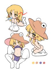 1girl absurdres arm_support arms_behind_back arms_up ass blonde_hair blush breasts brown_hat chibi chibi_only clothes_lift detached_sleeves food hair_ribbon hat highres ice_cream lifting_own_clothes looking_at_viewer moriya_suwako mouth_hold navel nipples no_bra nude pyonta ramudia_(lamyun) ribbon shirt_lift short_hair simple_background solo squiggle thighhighs tongue tongue_out touhou tress_ribbon white_background white_thighhighs wide_sleeves yellow_eyes
