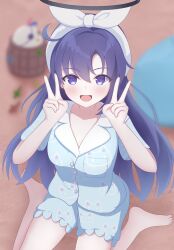 1girl arms_up blue_archive blue_pajamas breasts hairband halo highres long_hair medium_breasts open_mouth pajamas peroro_(blue_archive) purple_eyes purple_hair white_hairband youri401 yuuka_(blue_archive) yuuka_(pajamas)_(blue_archive)