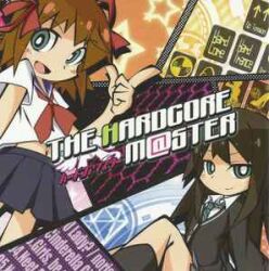 Rule 34 | 2girls, album cover, amami haruka, artist request, black hair, black jacket, black socks, blazer, blue skirt, brand name imitation, brown hair, copyright name, cover, green eyes, hair ribbon, idolmaster, idolmaster (classic), idolmaster cinderella girls, in-franchise crossover, jacket, knee up, l hand, long hair, lowres, medium hair, midriff peek, multiple girls, neckerchief, necktie, panty &amp; stocking with garterbelt (style), parody, pleated skirt, red neckerchief, ribbon, school uniform, serafuku, shibuya rin, skirt, socks, style parody