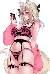 Rule 34 | 1girl, acedia, animal ear fluff, animal ears, black garter belt, blonde hair, blue hair, blush, bra, breasts, cellphone, cleavage, commentary, commentary request, criss-cross halter, dog ears, dog girl, dog tail, english commentary, frilled bra, frilled panties, frilled thigh strap, frills, fuwawa abyssgard, garter belt, halterneck, hand up, highres, holding, holding phone, hololive, hololive english, jacket, jacket partially removed, large breasts, leopard print bra, leopard print panties, lingerie, looking at phone, medium hair, multi-strapped bra, multicolored hair, navel, o-ring, o-ring bottom, o-ring panties, open mouth, paid reward available, panties, phone, pink bra, pink eyes, pink jacket, pink panties, simple background, smartphone, solo, stomach, streaked hair, tail, thigh strap, underwear, virtual youtuber, white background
