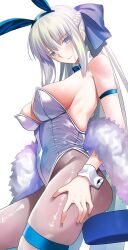 1girl absurdres animal_ears bare_shoulders blue_eyes blush bow bowtie braid breasts brown_pantyhose cleavage covered_navel detached_collar fake_animal_ears fate/grand_order fate_(series) feather_boa grey_hair hair_bow half_up_braid highleg highleg_leotard highres large_breasts leotard long_hair longdq3008 looking_at_viewer morgan_le_fay_(fate) pantyhose playboy_bunny ponytail rabbit_ears sidelocks solo stool thighs very_long_hair white_leotard wrist_cuffs