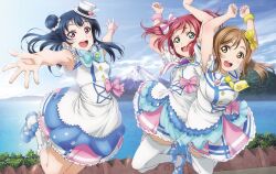 3girls aqua_eyes arms_up artbook blue_hair bow brown_hair day dress earrings hair_bow hair_bun hat highres jewelry jumping kimi_no_kokoro_wa_kagayaiteru_kai? kunikida_hanamaru kurosawa_ruby long_hair looking_at_viewer love_live! love_live!_sunshine!! mini_hat mountain multiple_girls necktie non-web_source official_alternate_costume official_art open_mouth outdoors outstretched_arms pink_bow purple_eyes red_hair single_hair_bun skirt sky sleeveless smile thighhighs tsushima_yoshiko twintails white_thighhighs yellow_eyes zettai_ryouiki