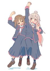 Rule 34 | &gt; &lt;, 2girls, :d, :o, ahoge, arm up, arms up, black jacket, black skirt, black socks, brown eyes, brown hair, brown shoes, colored inner hair, commentary, fang, full body, grey hair, grey socks, hair intakes, highres, holding hands, interlocked fingers, jacket, kicchi (tmgk), loafers, long hair, long sleeves, multicolored hair, multiple girls, neck ribbon, oka asahi, onii-chan wa oshimai!, open clothes, open jacket, open mouth, oyama mahiro, pink hair, red ribbon, ribbon, school uniform, shirt, shoes, short hair, simple background, skirt, smile, socks, two-tone hair, two side up, very long hair, white background, white shirt, wing collar