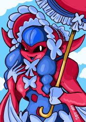 black_sclera blue_hair cloud colored_sclera digimon digimon_(creature) gameboyred hat horns lamia lamiamon long_hair monster_girl parasol ribbon sky umbrella