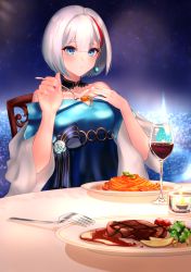 1girl admiral_graf_spee_(a_novel_anniversary)_(azur_lane) admiral_graf_spee_(azur_lane) alcohol azur_lane bad_id bad_pixiv_id bare_shoulders blue_bow blue_dress blue_eyes bow breasts broccoli candle cherry_tomato closed_mouth collarbone commentary cup dress drinking_glass earrings eating english_commentary eyelashes flower food fork hair_between_eyes hand_on_own_chest highres jewelry looking_at_viewer medium_breasts multicolored_hair necomilk night night_sky off-shoulder_dress off_shoulder pasta plate potato potato_wedges red_hair red_wine shawl short_hair silver_hair sky smile solo spaghetti star_(sky) starry_sky steak streaked_hair table tomato two-tone_hair wine wine_glass