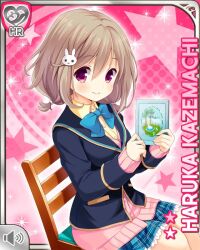 1girl blazer blue_bow blue_jacket blue_skirt blush bow bowtie brown_hair cardigan character_name closed_mouth girlfriend_(kari) hair_ornament hairclip jacket kazemachi_haruka long_sleeves looking_at_viewer official_art pink_background pink_cardigan pink_eyes plaid_clothes plaid_skirt qp:flapper rabbit_hair_ornament school_uniform short_hair sitting skirt smile solo tareme treble_clef