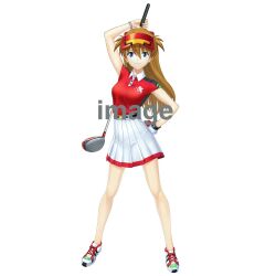 1girl alternate_costume bare_legs blue_eyes breasts brown_hair full_body golf golf_club highres interface_headset_(evangelion) long_hair looking_at_viewer medium_breasts neon_genesis_evangelion official_alternate_costume official_art shironeko_project simple_background skirt smile solo souryuu_asuka_langley two_side_up white_background white_skirt