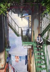 Rule 34 | 1boy, ag+ (atelieriji), black hair, black jacket, black pants, black shoes, building, closed eyes, closed mouth, clothesline, cloud, commentary request, cup, disposable cup, door, down jacket, flower, gutter, hanging light, high up, highres, holding, holding cup, industrial pipe, jacket, loafers, long sleeves, menu board, original, outdoors, pants, plant, potted plant, purple flower, rust, scenery, shirt, shoes, short hair, sitting, sitting on stairs, sky, sleeveless, sleeveless jacket, smile, solo, stairs, unworn clothes, vines, white shirt, wire