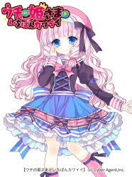 1girl black_bow blue_eyes blue_skirt blunt_bangs bow bowtie drill_hair frilled_skirt frills hair_bow hat hina_lulu long_hair long_sleeves moriyama_shijimi pink_bow pink_bowtie pink_hair pink_hat pink_socks puffy_long_sleeves puffy_sleeves sailor_collar side_drill skirt socks uchi_no_hime-sama_ga_ichiban_kawaii wavy_hair white_sailor_collar