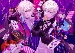 2boys absurdres arrow_(projectile) arrow_in_body arrow_in_head asymmetrical_clothes bettel_2_(gavis_bettel) black_gloves blood blue_eyes blue_hair candy card checkered_clothes commentary creature curtains english_commentary floral_print food gavis_bettel glasses gloves grey_hair halloween hat heterochromia highres holding holding_candy holding_food holding_lollipop holostars holostars_english jack-in-the-box jerry_(gavis_bettel) jester joker_(playing_card) licking lollipop looking_at_viewer male_focus multicolored_hair multiple_boys nostresstuna object_through_head phantom_(gavis_bettel) pink_blood pink_eyes pink_hair playing_card pumpkin reaching reaching_towards_viewer short_hair siblings skeleton smile sparkle streamers sweets swirl_lollipop tongue tongue_out top_hat twins virtual_youtuber white_hair