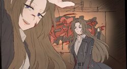 3girls :d arm_up black_choker brown_hair choker clone coat collared_shirt commentary facing_back graffiti grey_coat grey_vest highres limbus_company long_hair looking_ahead looking_at_viewer mole mole_under_eye multiple_girls open_mouth project_moon purple_eyes rodion_(project_moon) shirt smile ssup_ddi teeth upper_teeth_only vest white_shirt yobanashi_deceive_(vocaloid)
