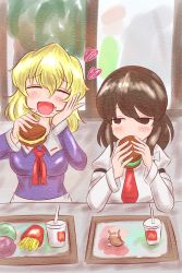 2girls absurdres blonde_hair brown_hair crumbs cup disposable_cup drinking_straw eating food french_fries burger happy highres lettuce looking_at_another maribel_hearn mcdonald&#039;s multiple_girls no_headwear no_headwear one-hour_drawing_challenge ron_samu_jouji sitting slug stuffed_toy touhou usami_renko