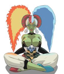 2girls armor asymmetrical_hair blue_skin breasts colored_skin crossover detached_sleeves earrings female_focus forehead_jewel gem gerudo green_skin jewelry league_of_legends lips lipstick long_hair makeup multiple_girls naughty_face necklace nintendo pants poppy_(league_of_legends) smile tall the_legend_of_zelda the_legend_of_zelda:_ocarina_of_time twinrova twintails witch