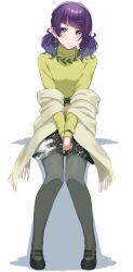 0-toki 1girl absurdres belt black_belt black_shoes black_skirt blush breasts closed_mouth diagonal_bangs dot_nose earrings full_body green_shawl green_shirt grey_pantyhose hair_ornament hairclip highres idolmaster idolmaster_shiny_colors invisible_chair jewelry leaf_necklace looking_at_viewer medium_breasts pantyhose purple_eyes purple_hair shadow shirt shoes short_twintails simple_background sitting skirt smile solo tanaka_mamimi turtleneck turtleneck_shirt twintails v_arms watch white_background wristwatch