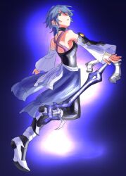 1girl aqua_(kingdom_hearts) back bare_shoulders blue_eyes blue_hair chest_strap detached_sleeves fingerless_gloves gloves glowing keyblade kingdom_hearts kingdom_hearts_birth_by_sleep looking_at_viewer short_hair simple_background solo yomyompi