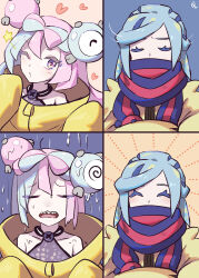 1boy 1girl blue_scarf bow-shaped_hair character_hair_ornament closed_eyes collarbone crossed_arms eyelashes facing_viewer grey_shirt grusha_(pokemon) hair_ornament heart highres iono_(pokemon) jacket min_(myna8247) multicolored_hair nintendo one_eye_closed open_mouth pink_hair pokemon pokemon_sv rain scarf scarf_over_mouth shirt signature sleeveless sleeveless_shirt star_(symbol) striped_clothes striped_scarf teeth tongue two-tone_hair upper_teeth_only wet yellow_jacket