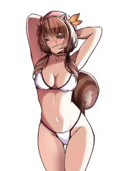 acorn animal_ears arms_up ayunda_risu beret bikini blush breasts brown_hair collar cowboy_shot fur_collar green_eyes hair_between_eyes hair_ornament hat highres hololive hololive_indonesia medium_breasts navel raikkonen simple_background squirrel_ears squirrel_tail stomach swimsuit tail thigh_gap thighs virtual_youtuber white_background white_bikini