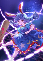 1girl absurdres ambiguous_red_liquid animal_ears blue_dress blue_hair crescent_print danmaku dress earclip frilled_dress frills highres kanta_(pixiv9296614) kine long_hair mallet open_mouth puffy_short_sleeves puffy_sleeves rabbit_ears red_eyes seiran_(touhou) short_sleeves smile socks solo star_(symbol) star_print touhou white_socks