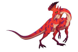 Rule 34 | artist request, capcom, claws, creature, dinosaur, fanart digital, full body, highres, horns, iodrome (monster hunter), long tail, monster, monster hunter (series), purple marking, red scales, sharp teeth, solo, source, tail, teeth, white background