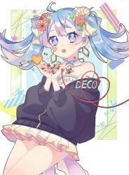 Rule 34 | 1girl, ahoge, ai kotoba iii (vocaloid), bandaid, bandaid on face, bare shoulders, black jacket, blue eyes, blue hair, blue ribbon, bow, choker, cupping hands, earrings, flower, hair between eyes, hair flower, hair ornament, hair ribbon, hatsune miku, heart, heart in eye, heart necklace, highres, hoop earrings, jacket, jewelry, long hair, looking at viewer, necklace, off shoulder, open mouth, own hands together, picture frame, pleated skirt, ribbon, ribbon choker, shoulder tattoo, skirt, smile, solo, string, string of fate, symbol in eye, tattoo, twintails, vocaloid, white ribbon, white skirt, yanba2128