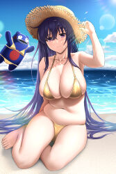 1girl absurdres barefoot beach bebe-tan bikini blue_sky breasts cloud commentary day full_body gold_bikini hat highres large_breasts long_hair looking_at_viewer murasaki_(senran_kagura) navel outdoors purple_eyes purple_hair senran_kagura sitting sky straw_hat sunlight swimsuit toes very_long_hair yokozuwari zib_(boriku)