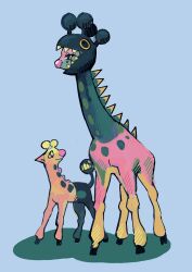 absurdres animal_focus blue_background bright_pupils closed_mouth commentary evolutionary_line eyelashes farigiraf full_body gen_2_pokemon girafarig giraffe highres klume_(klumescribbles) nintendo no_humans open_mouth pokemon pokemon_(creature) pokemon_focus shadow sharp_teeth simple_background smile spines teeth white_pupils
