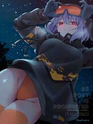 1girl absurdres black_gloves black_jacket blue_hair breasts character_request closed_mouth commentary commission copyright_request english_commentary gloves goggles goggles_on_head highleg highleg_leotard highres jacket large_breasts leotard leotard_under_clothes long_sleeves looking_at_viewer night night_sky noah_(tettsui-sole) orange_leotard orange_thighhighs red_eyes sky solo star_(sky) starry_sky thighhighs twitter_username