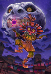 1boy artist_name artstation_logo artstation_username belt blunt_ends boots brown_boots brown_tunic building cloud colored_sclera commentary constricted_pupils english_commentary fairy fairy_wings fingerless_gloves flag full_body gloves green_gloves green_shorts hands_up highres horns huge_moon in-universe_location instagram_logo instagram_username majora_(entity) mask masked moon moon_(zelda) night night_sky nintendo nostrils o-ring o-ring_belt open_hands orange_hair outdoors pencilequipped pointy_footwear ponytail purple_sky short_sleeves shorts skull_kid sky standing standing_on_one_leg star_(sky) starry_sky tael teeth the_legend_of_zelda the_legend_of_zelda:_majora&#039;s_mask tower town tunic wings yellow_eyes yellow_sclera