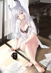 1girl 218 animal_ears arm_support black_bra blue_eyes bra breasts cleavage closed_mouth coffee_mug commentary_request cup curtains drawing erune female_focus fingernails granblue_fantasy head_tilt indoors korwa large_breasts long_hair long_sleeves looking_at_viewer mug on_floor paper partially_unbuttoned shirt silver_hair sitting sleeves_rolled_up smile solo table transparent underwear vanity_table very_long_hair white_shirt window wooden_floor