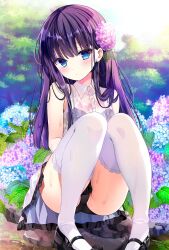 1girl black_bra black_panties blue_eyes blush bra breasts closed_mouth dress flower hair_flower hair_ornament highres long_hair looking_at_viewer original outdoors panties purple_hair see-through_clothes shiwasu_horio shoes sleeveless solo thighhighs underwear wet wet_clothes white_thighhighs