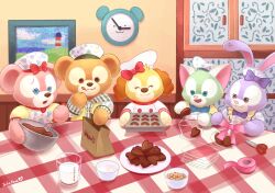 2boys 3girls animal_ears bear_girl bow cat_ears cookieann duffy_and_friends duffy_the_disney_bear furry furry_female furry_male gelatoni green_fur highres holding long_sleeves looking_at_viewer multiple_boys multiple_girls rabbit_ears rabbit_girl shelliemay shirt smile stellalou stuffed_animal stuffed_toy takatmaorange