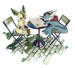 1other :3 =_= antennae apios brown_sclera chair closed_mouth coin colored_sclera colored_skin english_text gen_1_pokemon gen_4_pokemon gimmighoul gimmighoul_(roaming) grey_skin happy highres holding japanese_text leafeon menu mini_person mixed-language_text moss nintendo on_chair open_mouth pokemon pokemon_(creature) simple_background sitting smile table translation_request vaporeon white_background white_eyes yellow_eyes