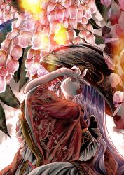 Rule 34 | 1girl, alternate hair length, alternate hairstyle, black bow, bow, bowl, bowl hat, flower, hat, head tilt, highres, japanese clothes, kimono, leaf, leaning forward, long hair, looking to the side, needle, negative, obi, patterned clothing, pink flower, purple eyes, purple hair, red kimono, sash, solo, sukuna shinmyoumaru, touhou, umaieokakitai