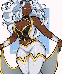 1girl animification artist_request blue_eyes breasts cape cleavage dark-skinned_female dark_skin earrings highres jewelry large_breasts long_hair looking_at_viewer marvel marvel_tokon:_fighting_souls solo storm_(x-men) superhero_costume very_dark_skin white_hair x-men