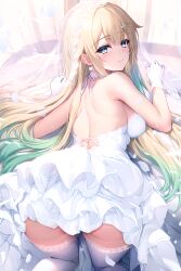 1girl absurdres aizawa_ema armpit_crease ass back backboob bare_arms bare_back bare_shoulders blonde_hair blue_eyes breasts bridal_veil choker closed_mouth dress earrings from_behind gloves highres jewelry lace lace-trimmed_thighhighs lace_trim large_breasts layered_dress long_hair looking_at_viewer looking_back lying median_furrow on_stomach panties pantyshot shoulder_blades smile solo strapless strapless_dress sugiki thighhighs underwear veil virtual_youtuber vspo! wedding_dress white_choker white_dress white_gloves white_thighhighs